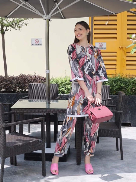 Indibelle Cotton Multi Abstract Print Co-ord Set (Grey,Yellow))