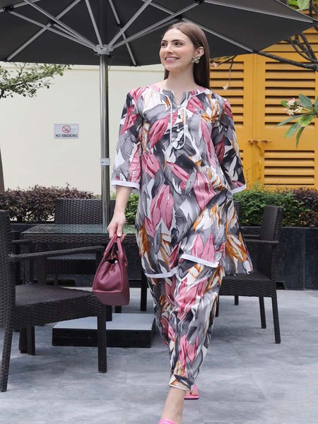 Indibelle Cotton Multi Abstract Print Co-ord Set (Grey,Yellow))