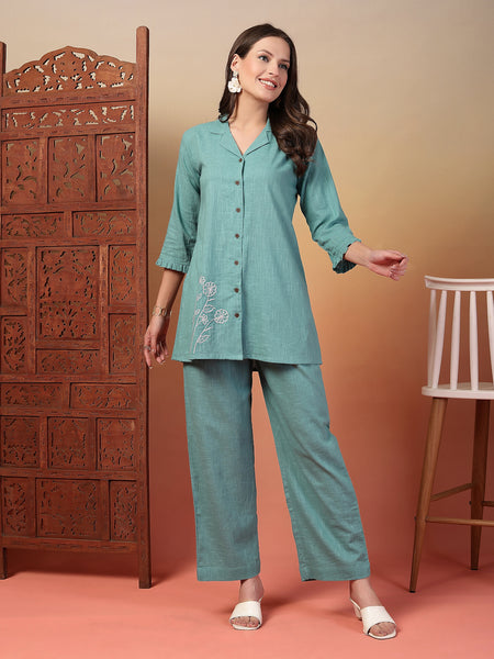 Indibelle Cotton Slub Solid Embrodiary Co-ord Set