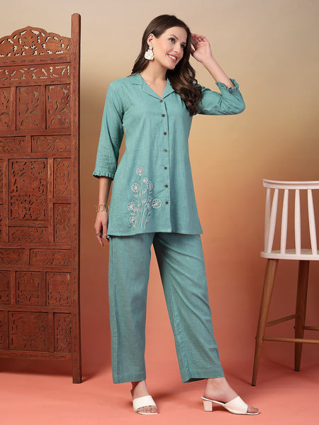 Indibelle Cotton Slub Solid Embrodiary Co-ord Set