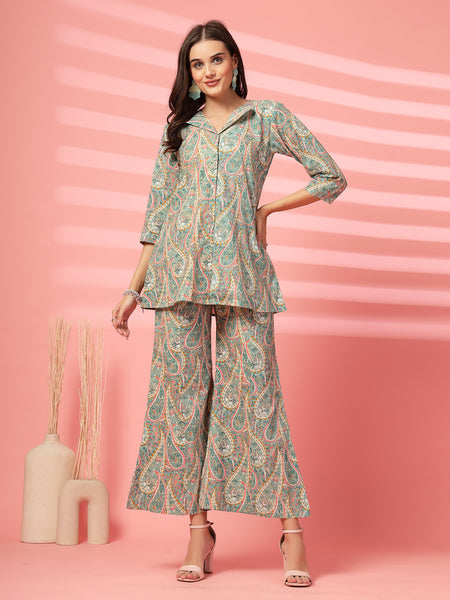 Indibelle Cotton Paisley Print Co-ord Set (Sea Green)