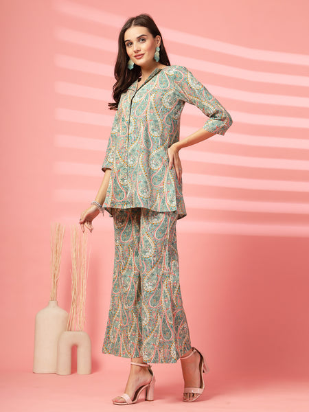 Indibelle Cotton Paisley Print Co-ord Set (Sea Green)