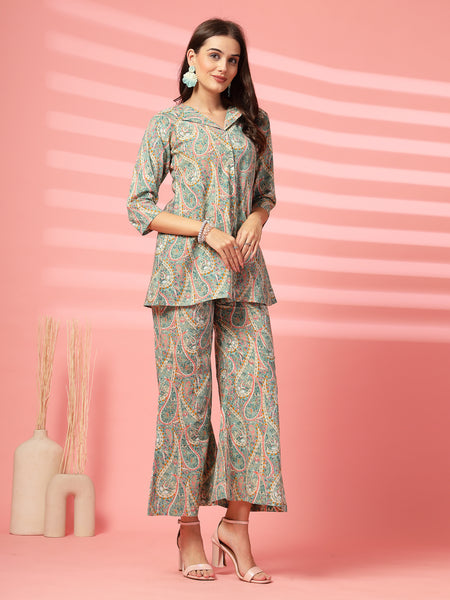 Indibelle Cotton Paisley Print Co-ord Set (Sea Green)