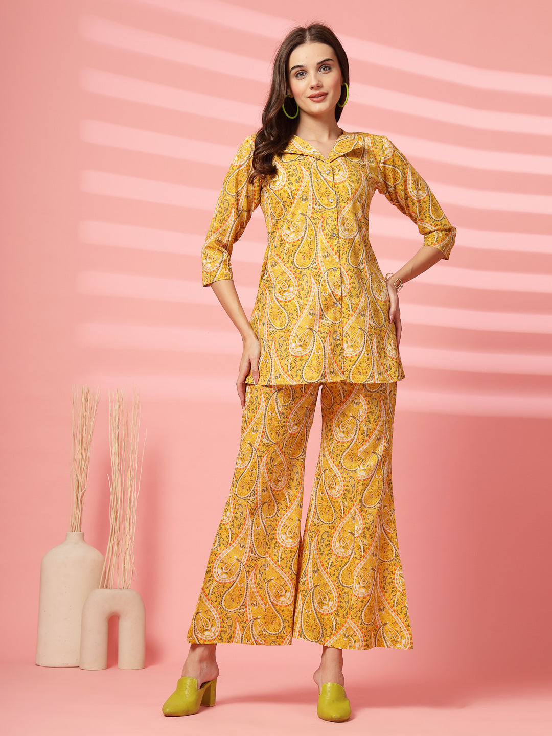 Indibelle Cotton Striped Print Plazzo Pants (Yellow)