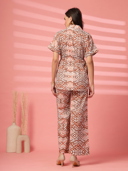 Indibelle Cotton TieUp Abstract Print Co-ord Set (Brown)