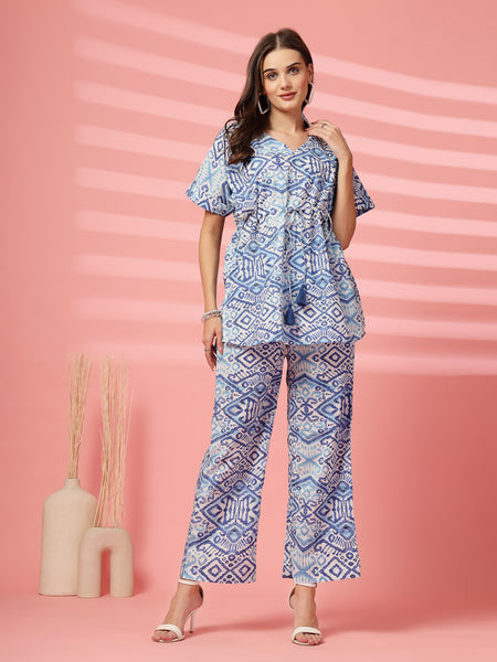Indibelle Cotton TieUp Abstract Print Co-ord Set (Blue)