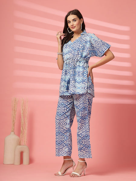 Indibelle Cotton TieUp Abstract Print Co-ord Set (Blue)