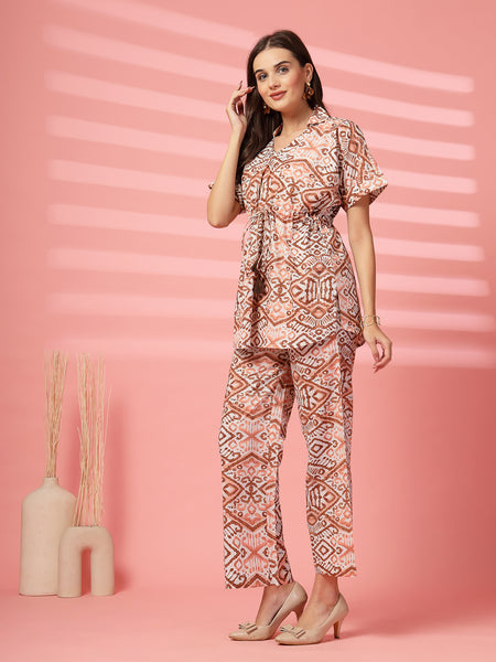 Indibelle Cotton TieUp Abstract Print Co-ord Set (Brown)