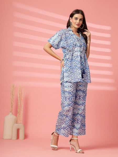 Indibelle Cotton TieUp Abstract Print Co-ord Set (Blue)
