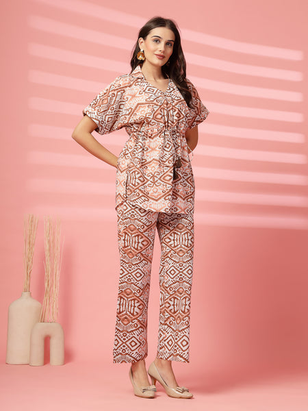 Indibelle Cotton TieUp Abstract Print Co-ord Set (Brown)