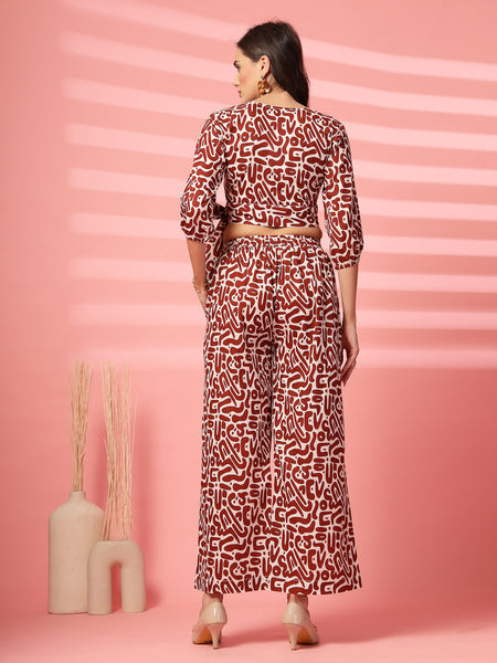 Indibelle Cotton Short Crop Abstract Print Co-ord Set (Brown)