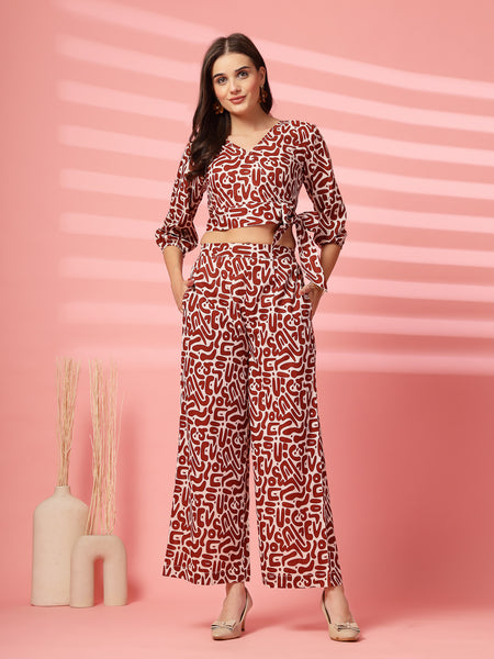 Indibelle Cotton Short Crop Abstract Print Co-ord Set (Brown)