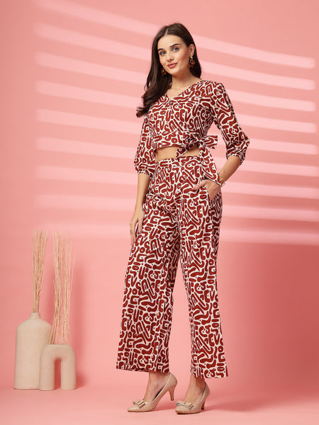 Indibelle Cotton Short Crop Abstract Print Co-ord Set (Brown)