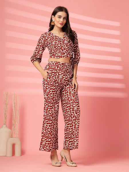 Indibelle Cotton Short Crop Abstract Print Co-ord Set (Brown)