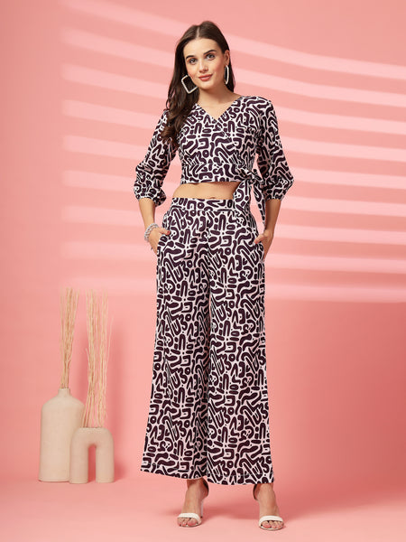 Indibelle Cotton Short Crop Abstract Print Co-ord Set (Purple)