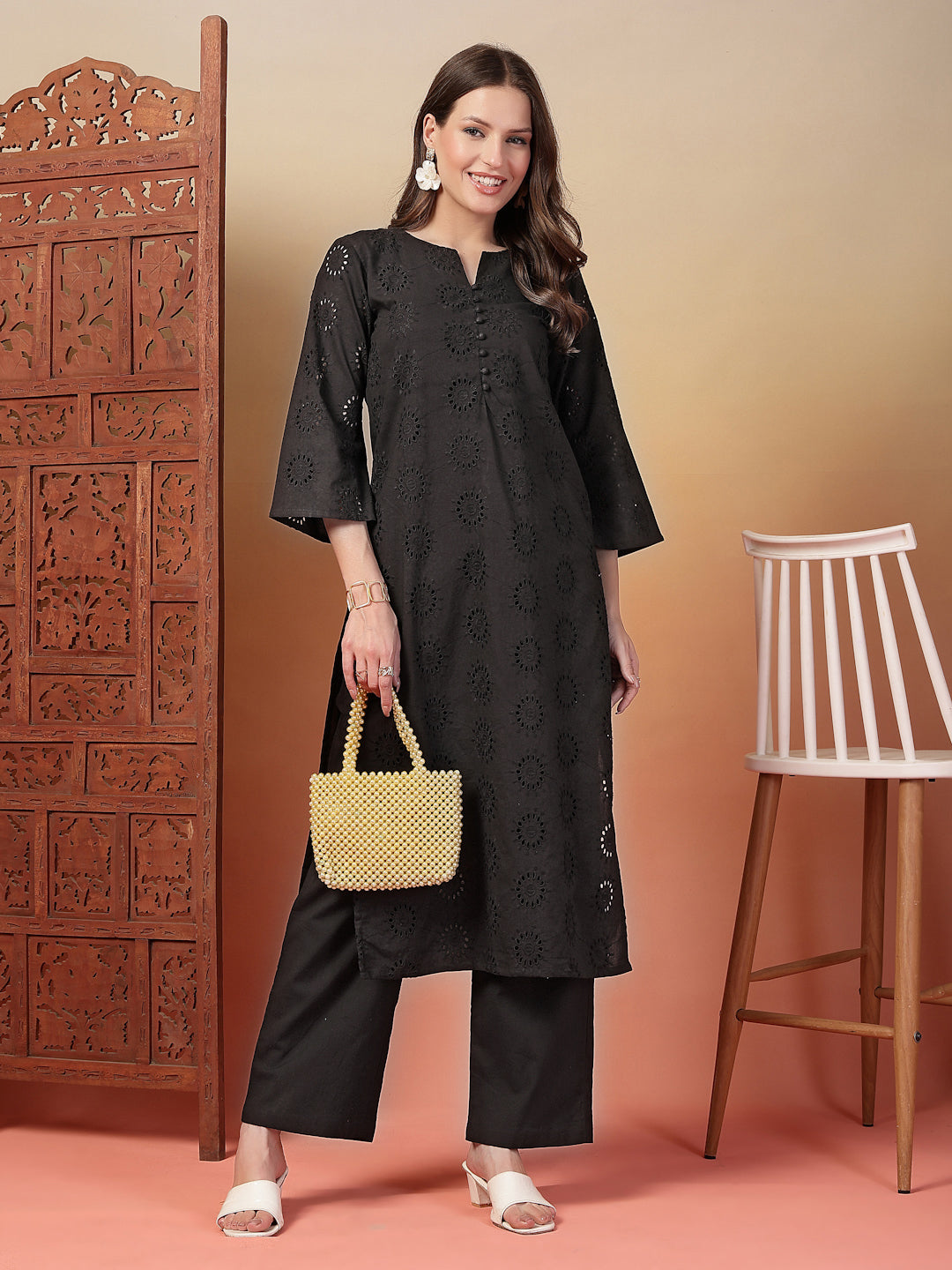 Indibelle Cotton Schiffli Solid Dress