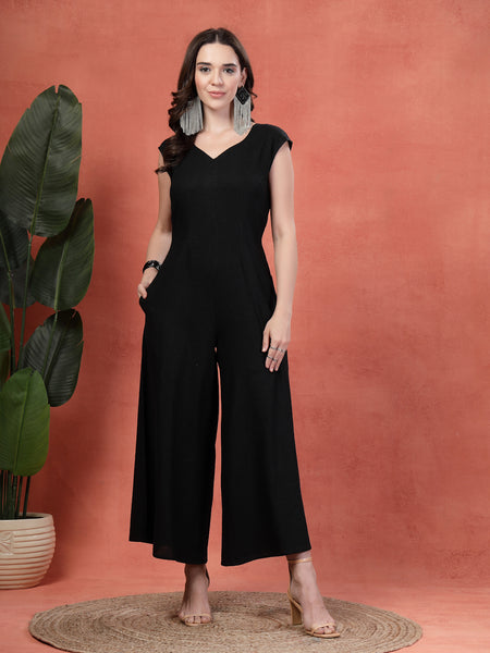 Indibelle Linen Flared Long Jumpsuit (Black)