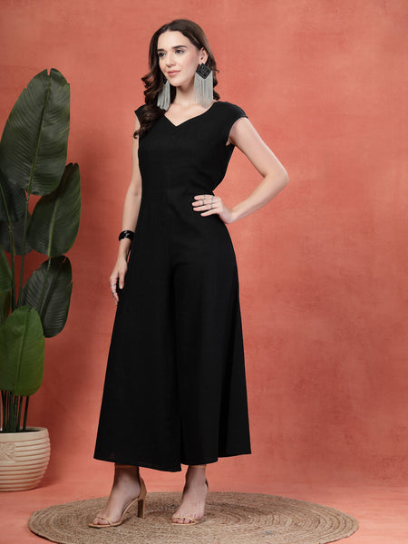 Indibelle Linen Flared Long Jumpsuit (Black)
