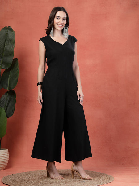 Indibelle Linen Flared Long Jumpsuit (Black)