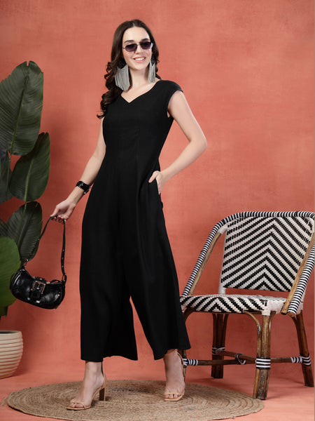 Indibelle Linen Flared Long Jumpsuit (Black)