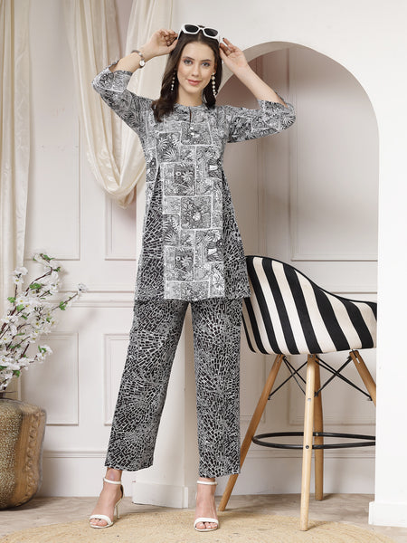 Indibelle Cotton Abstract Print A-Line Co-ord Set (Black)