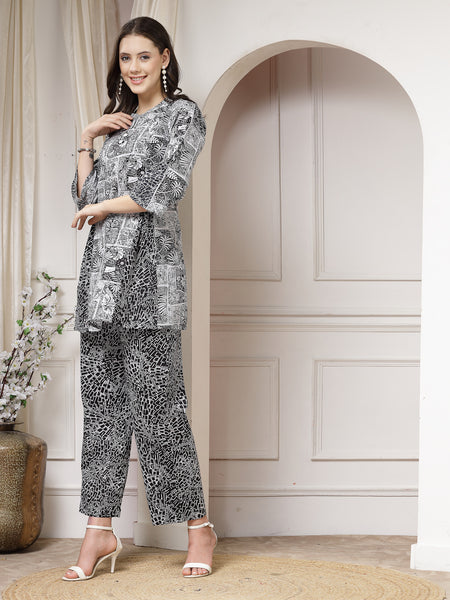 Indibelle Cotton Abstract Print A-Line Co-ord Set (Black)