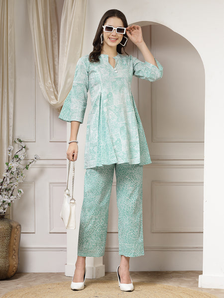 Indibelle Cotton Abstract Print A-Line Co-ord Set (Sea Green)