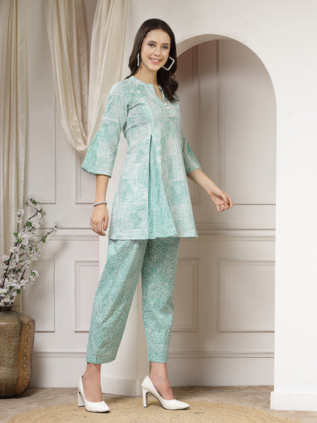 Indibelle Cotton Abstract Print A-Line Co-ord Set (Sea Green)