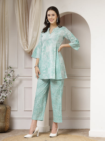 Indibelle Cotton Abstract Print A-Line Co-ord Set (Sea Green)