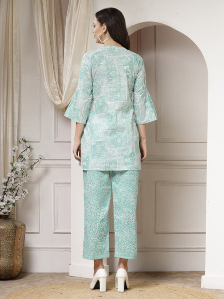 Indibelle Cotton Abstract Print A-Line Co-ord Set (Sea Green)