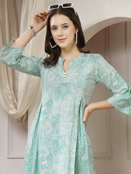 Indibelle Cotton Abstract Print A-Line Co-ord Set (Sea Green)