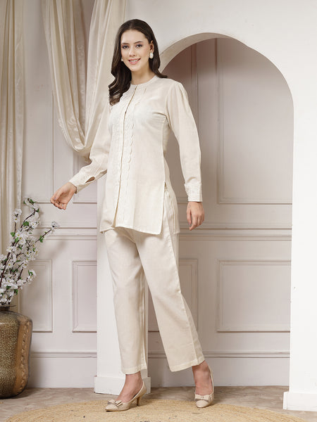 Indibelle Cotton Natural Flex Solid Co-ord Set (Off White)