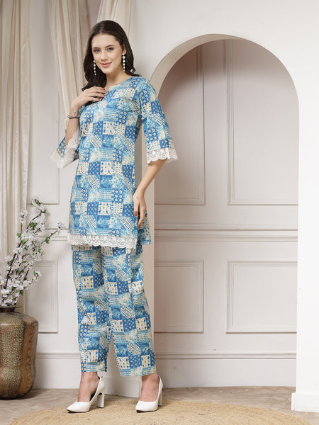 Indibelle Cotton Lace Abstract Print Co-ord Set (Blue,Green)