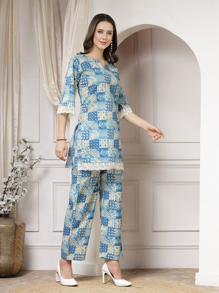 Indibelle Cotton Lace Abstract Print Co-ord Set (Blue,Green)