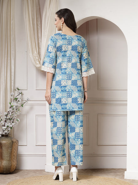 Indibelle Cotton Lace Abstract Print Co-ord Set (Blue,Green)