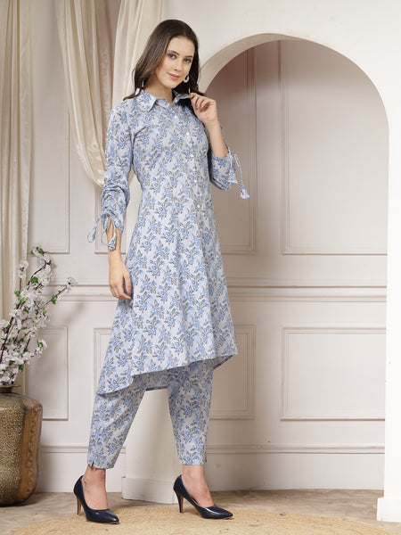 Indibelle Cotton Floral Print A-Line Co-ord Set (Blue)