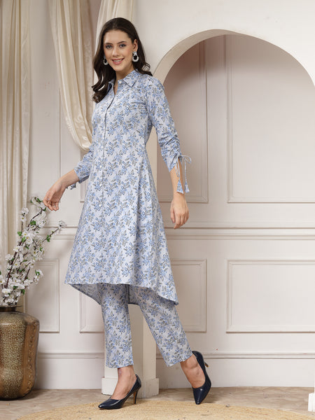 Indibelle Cotton Floral Print A-Line Co-ord Set (Blue)