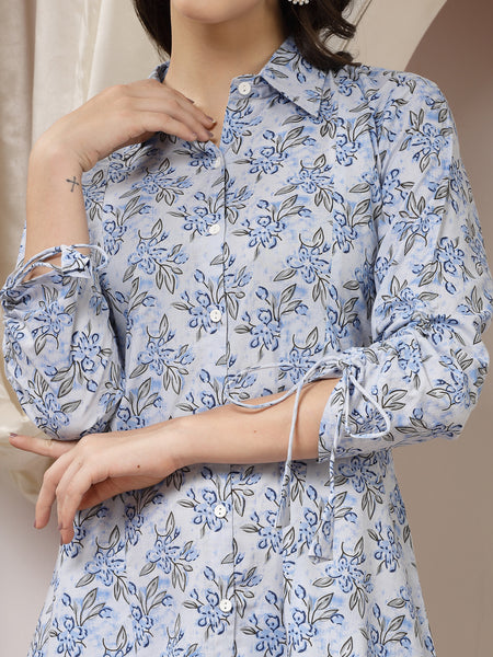 Indibelle Cotton Floral Print A-Line Co-ord Set (Blue)