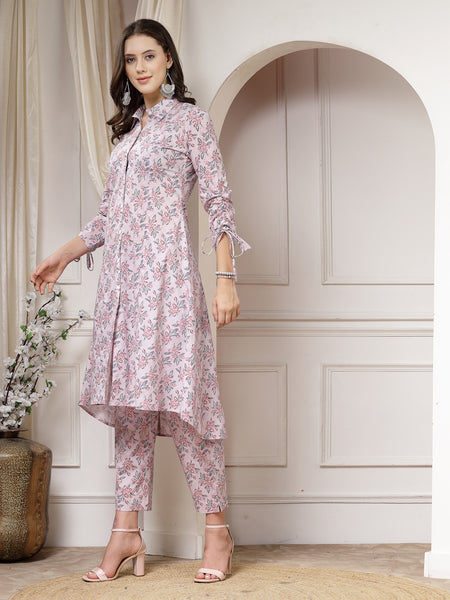 Indibelle Cotton Floral Print A-Line Co-ord Set (Pink)
