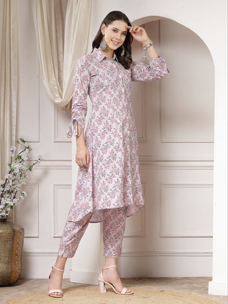Indibelle Cotton Floral Print A-Line Co-ord Set (Pink)