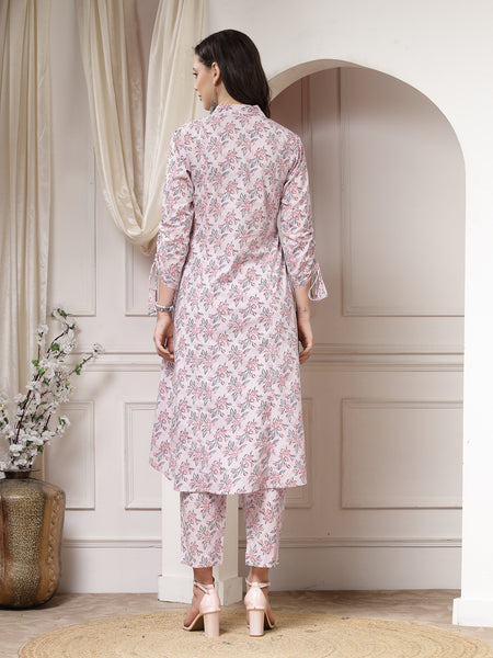 Indibelle Cotton Floral Print A-Line Co-ord Set (Pink)