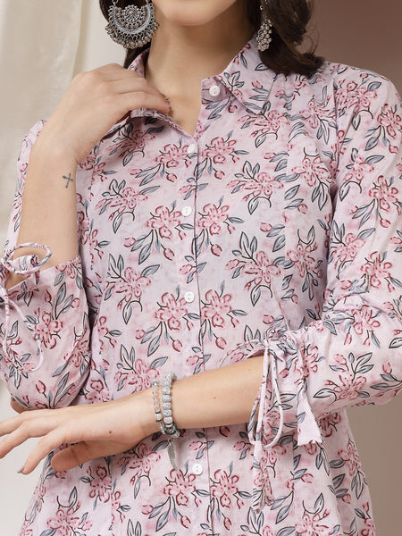 Indibelle Cotton Floral Print A-Line Co-ord Set (Pink)