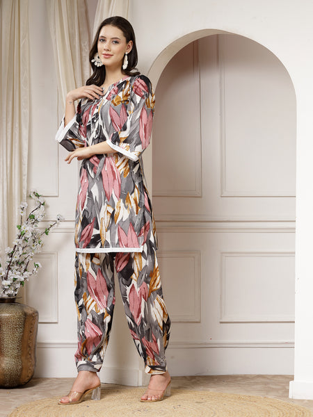 Indibelle Cotton Multi Abstract Print Co-ord Set (Grey,Yellow))