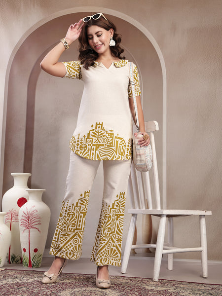 Indibelle Linen Touch Ivory Golden Ochre Co-ord Set