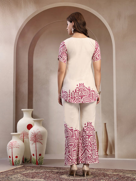 Indibelle Linen Touch Ivory Mauve Pink Co-ord Set