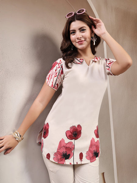 Indibelle Linen Touch Ivory Ruby Red Co-ord Set