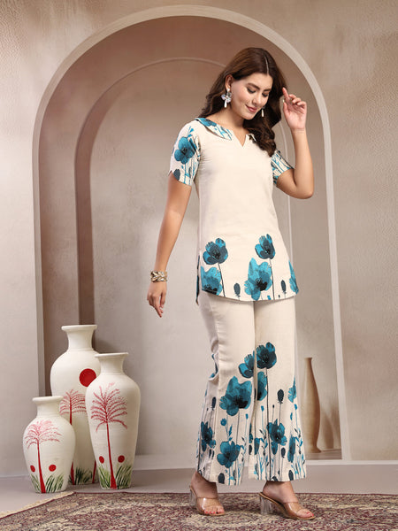 Indibelle Linen Touch Ivory Teal Blossom Co-ord Set