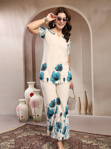 Indibelle Linen Touch Ivory Teal Blossom Co-ord Set