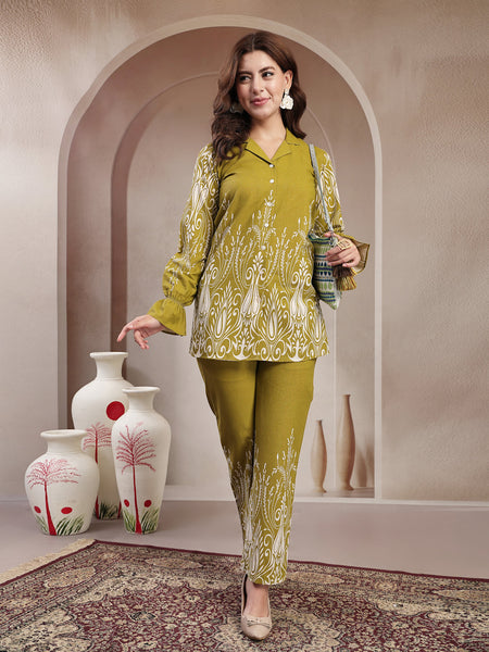 Indibelle Linen Touch Mustard Olive Ivory Co-ord Set