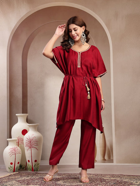 Indibelle Crimson Silk Blend Kaftan Co-ord set